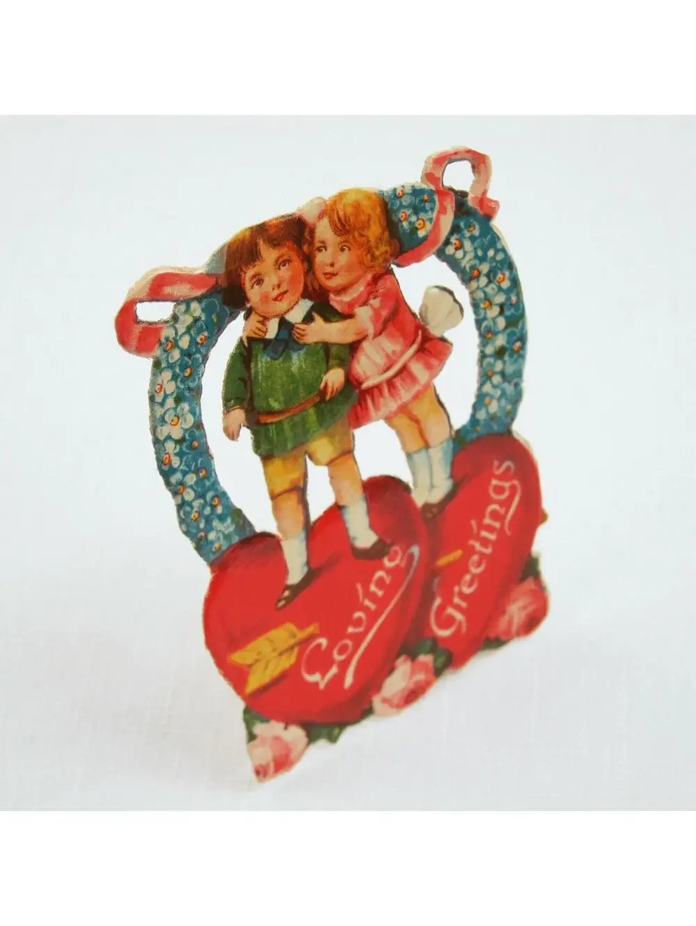 Vintage Valentine Die Cut Stand Up Victorian Girl Boy Flowers 1920-30s UNSIGNED
